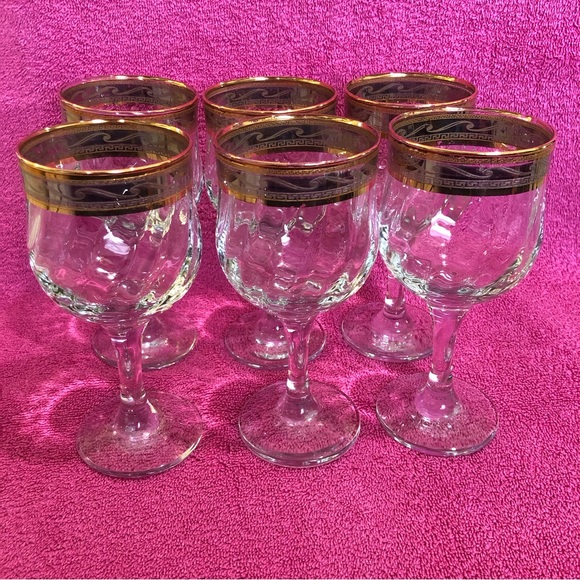 6 Vintage Italian Wine Glasses Gold / Platinum Rim, Cristalleria Fratelli Fumo - Picture 6 of 8